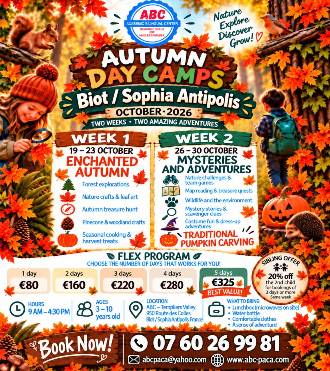 Programme des Autumn Day Camps ABC a Biot en octobre 2026 avec les deux semaines a theme et les tarifs