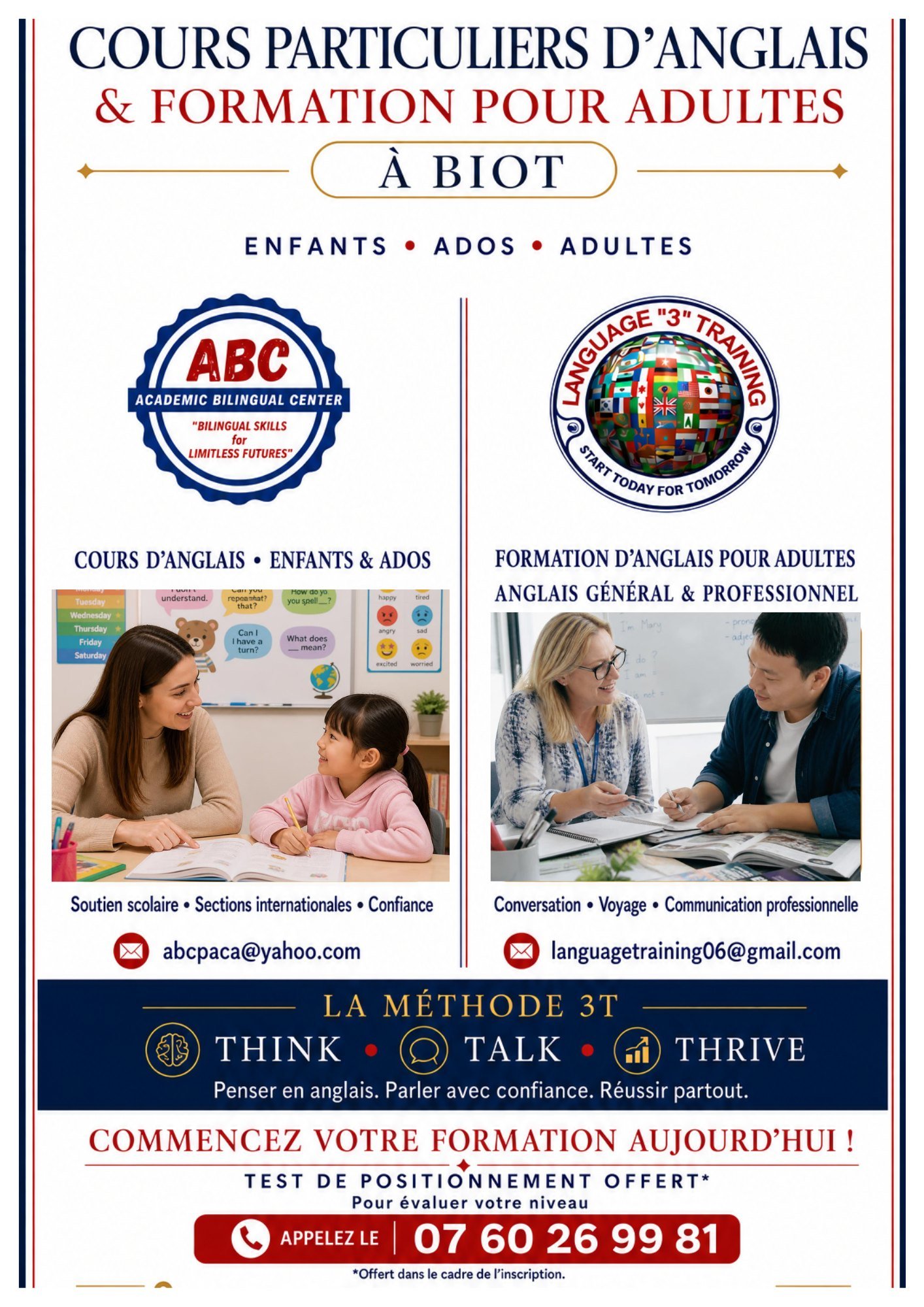 Flyer ABC : cours particuliers d'anglais pour enfants et ados, et formation d'anglais pour adultes avec Language 3 Training, a Biot