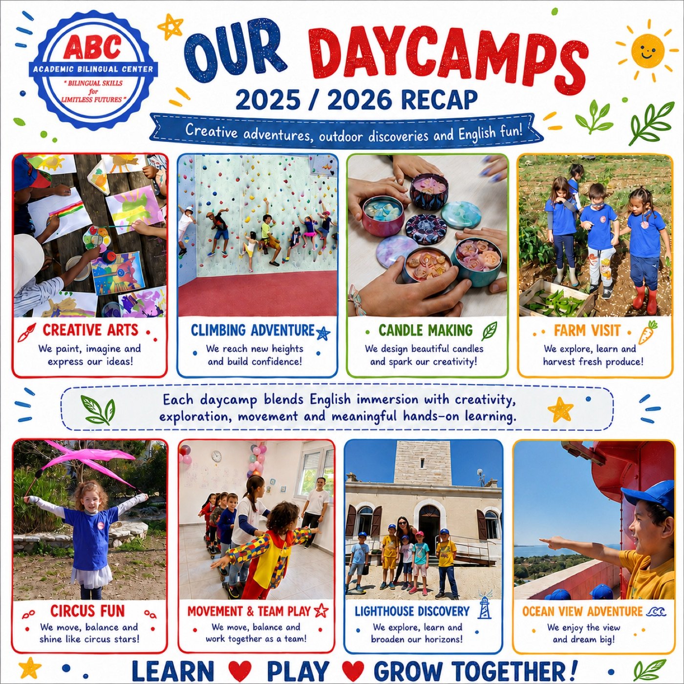Flyer Day Camps ABC 2025/2026 : arts créatifs, escalade, ferme, cirque…