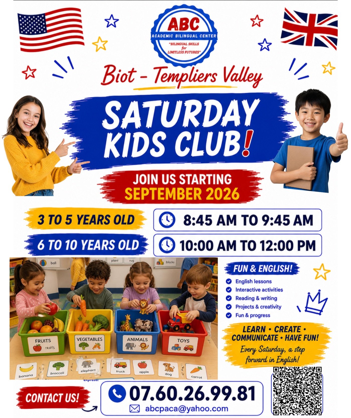 Flyer Saturday Kids Club ABC — dès septembre 2026, 3-5 ans et 6-10 ans