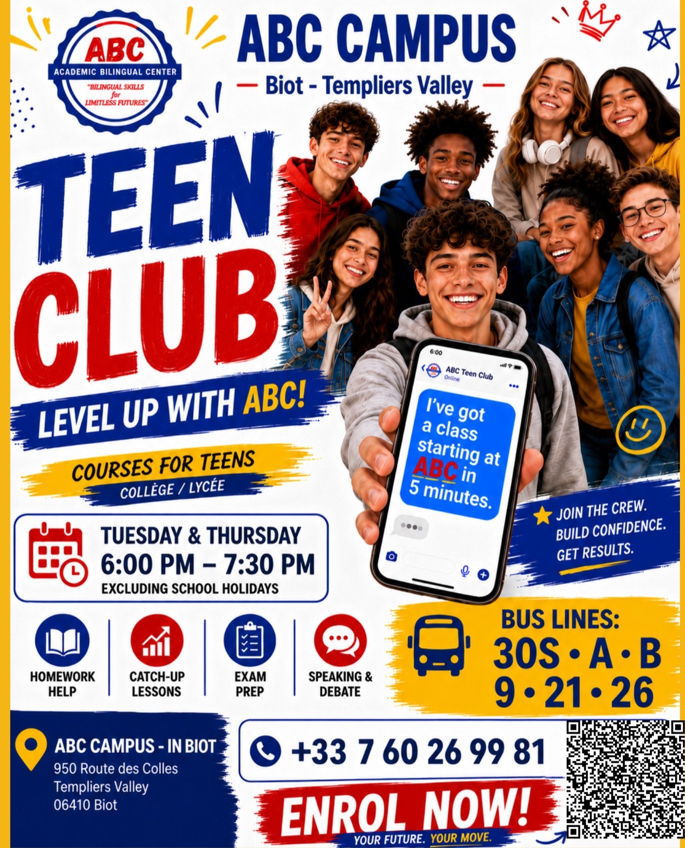 Flyer Teen Club ABC — collège et lycée, mardi et jeudi 18h-19h30